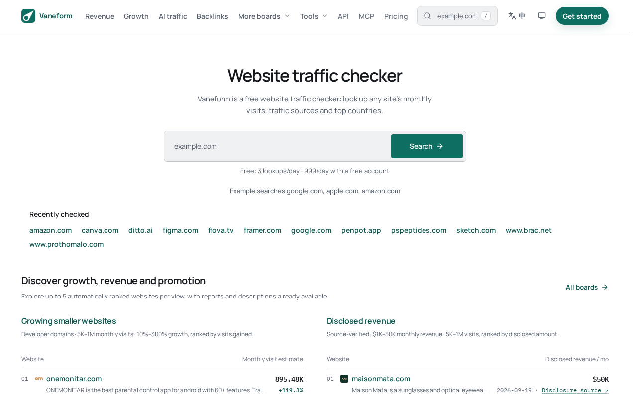 Vaneform home page: enter a domain to check its traffic